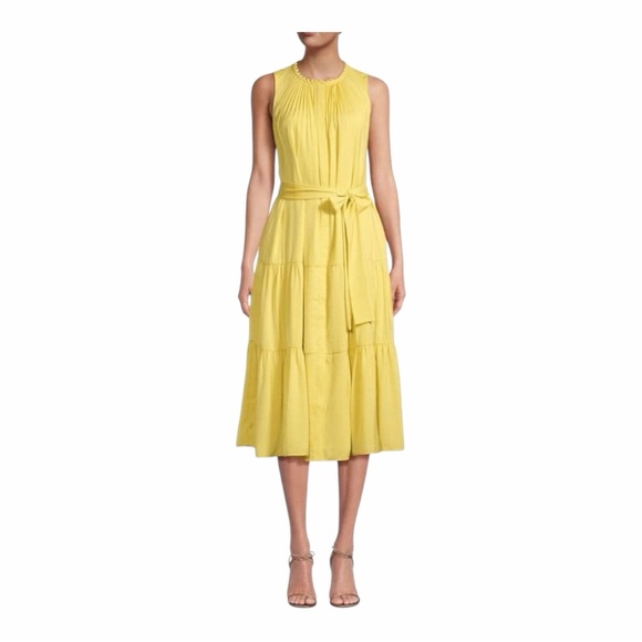 NWT! KOBI HALPERIN Custard Scottie Belted Tiered Midi Dress. Size Large. - Picture 2 of 14